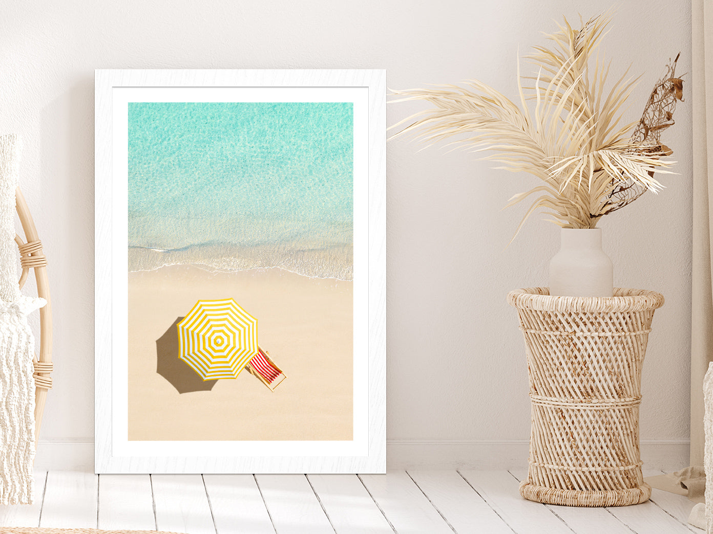 Sunbed & Yellow Umbrella near Sea Aerial View Glass Framed Wall Art, Ready to Hang Quality Print With White Border White