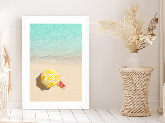 Sunbed & Yellow Umbrella near Sea Aerial View Glass Framed Wall Art, Ready to Hang Quality Print With White Border White