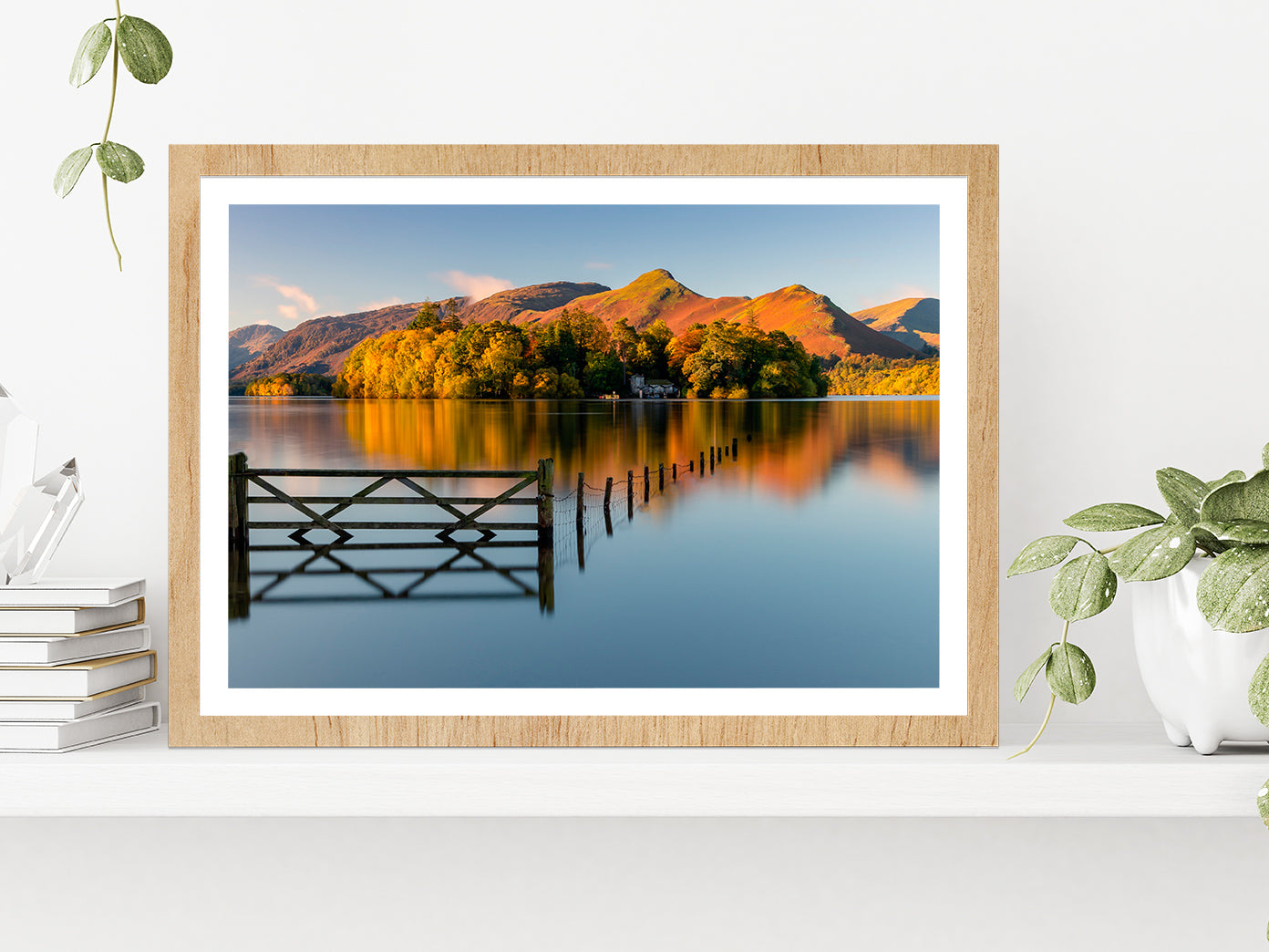 Sunrise Over Derwentwater Autumn Glass Framed Wall Art, Ready to Hang Quality Print With White Border Oak