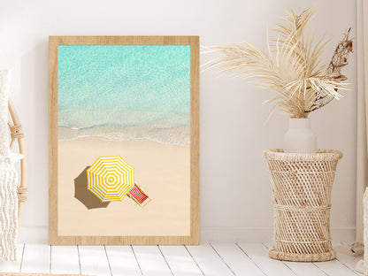 Sunbed & Yellow Umbrella near Sea Aerial View Glass Framed Wall Art, Ready to Hang Quality Print Without White Border Oak