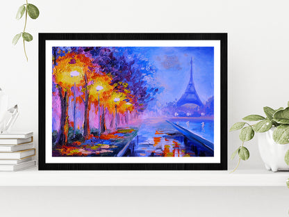 Eiffel Tower In France, Night Scene Glass Framed Wall Art, Ready to Hang Quality Print With White Border Black