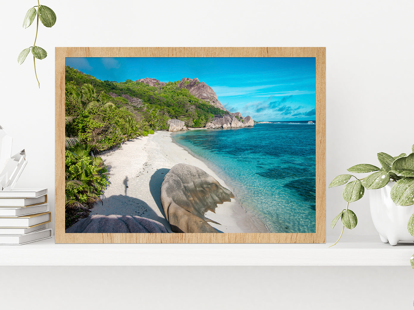 Beach Of Seychelles In La Digue Glass Framed Wall Art, Ready to Hang Quality Print Without White Border Oak