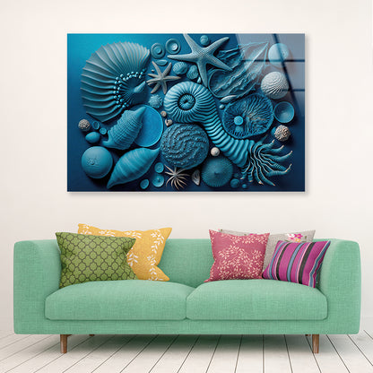 Group of Blue and White Shells Acrylic Glass Print Tempered Glass Wall Art 100% Made in Australia Ready to Hang - Bella Home Decor