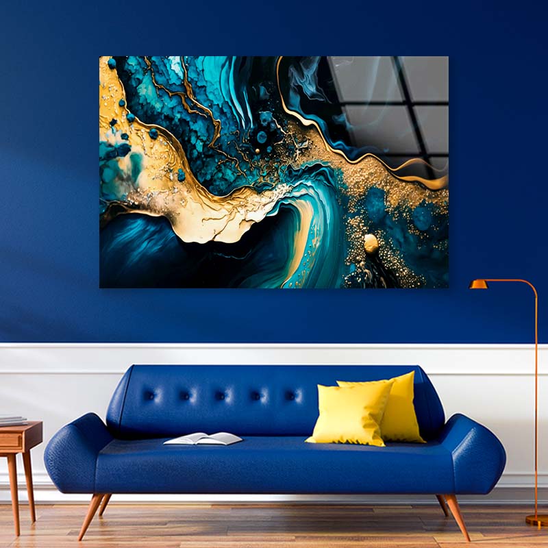 Blue and Gold Abstract Acrylic Glass Print Tempered Glass Wall Art 100% Made in Australia Ready to Hang