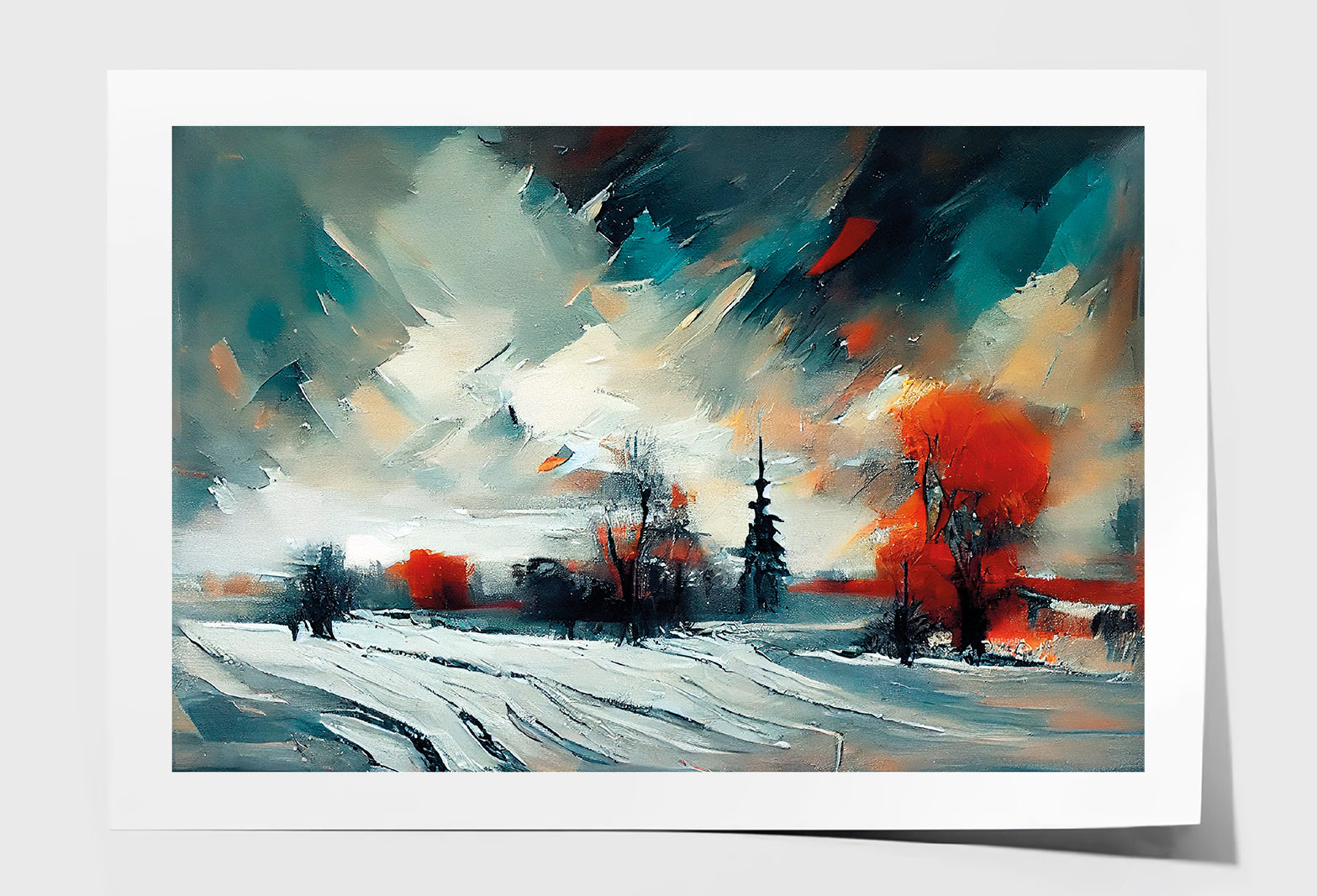 Abstract Forest, Snowy Trees & Field Oil Painting Wall Art Limited Edition High Quality Print Unframed Roll Canvas None