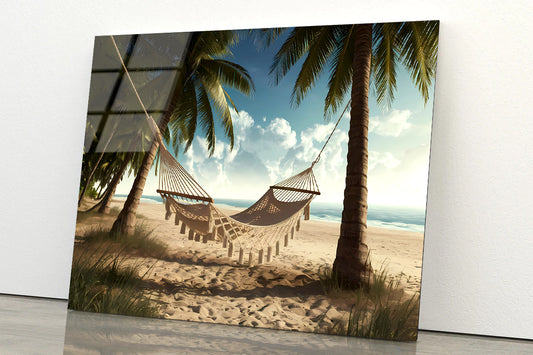 Hammock between Two Palm Trees on a Beach Acrylic Glass Print Tempered Glass Wall Art 100% Made in Australia Ready to Hang