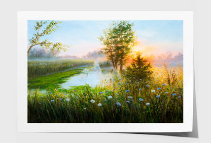 Misty Sunrise Over Lake Oil Painting Wall Art Limited Edition High Quality Print Unframed Roll Canvas None