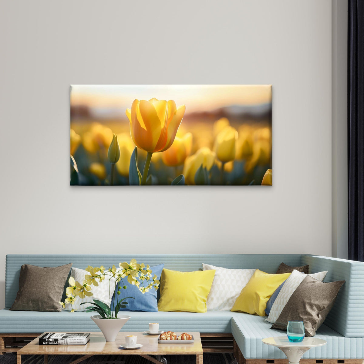 Golden Yellow Tulip Field Sunset Wall Art Canvas Office Home Framed 120x60cm