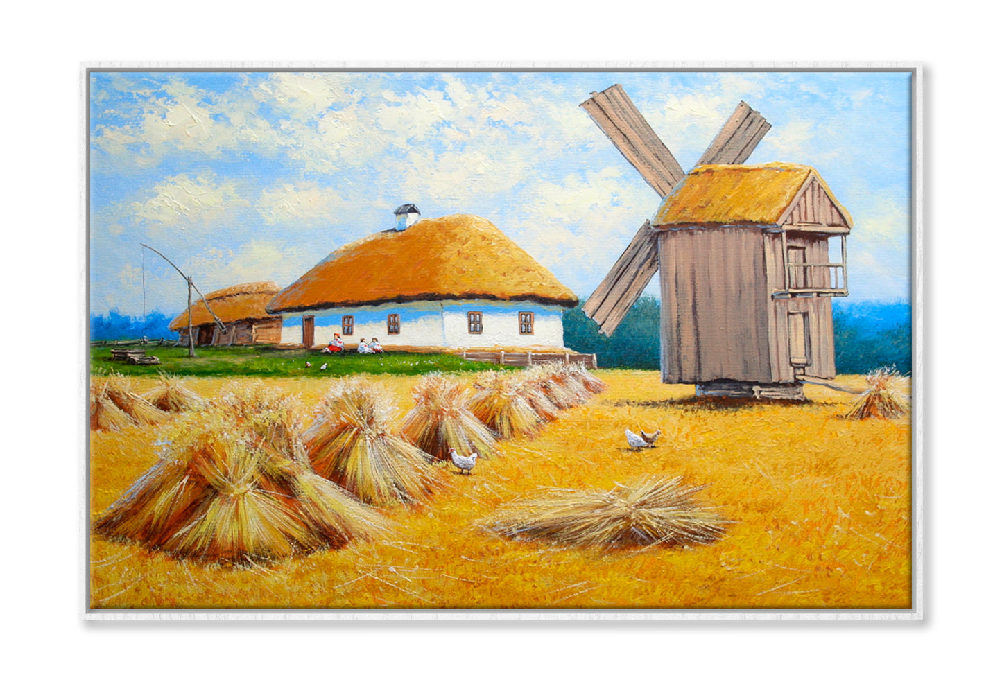 Old Village, Field, Windmill Oil Painting Wall Art Limited Edition High Quality Print Canvas Box Framed White