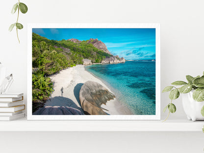 Beach Of Seychelles In La Digue Glass Framed Wall Art, Ready to Hang Quality Print Without White Border White