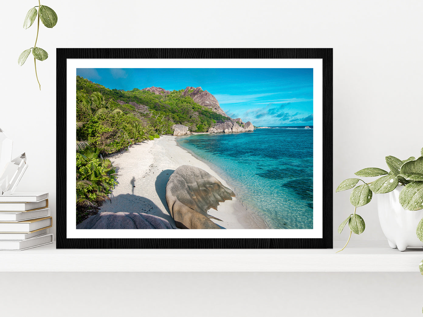 Beach Of Seychelles In La Digue Glass Framed Wall Art, Ready to Hang Quality Print With White Border Black