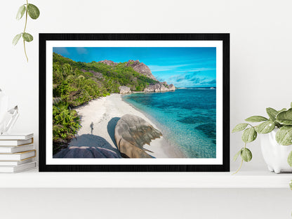 Beach Of Seychelles In La Digue Glass Framed Wall Art, Ready to Hang Quality Print With White Border Black