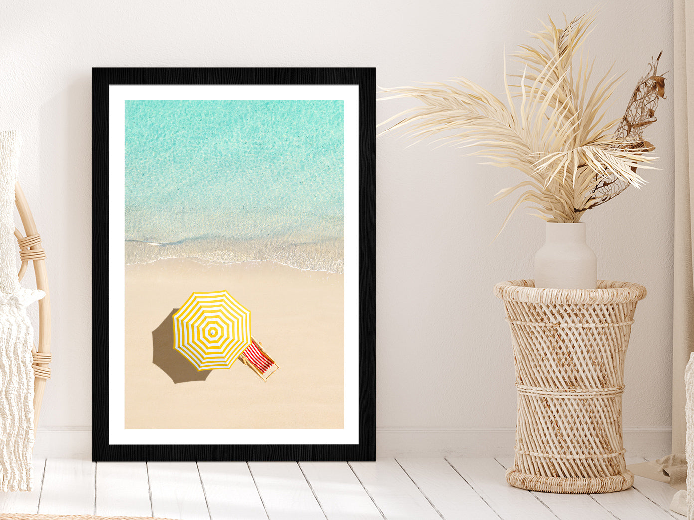 Sunbed & Yellow Umbrella near Sea Aerial View Glass Framed Wall Art, Ready to Hang Quality Print With White Border Black