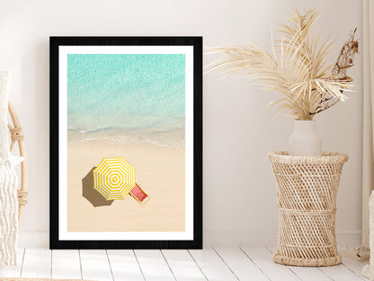 Sunbed & Yellow Umbrella near Sea Aerial View Glass Framed Wall Art, Ready to Hang Quality Print With White Border Black