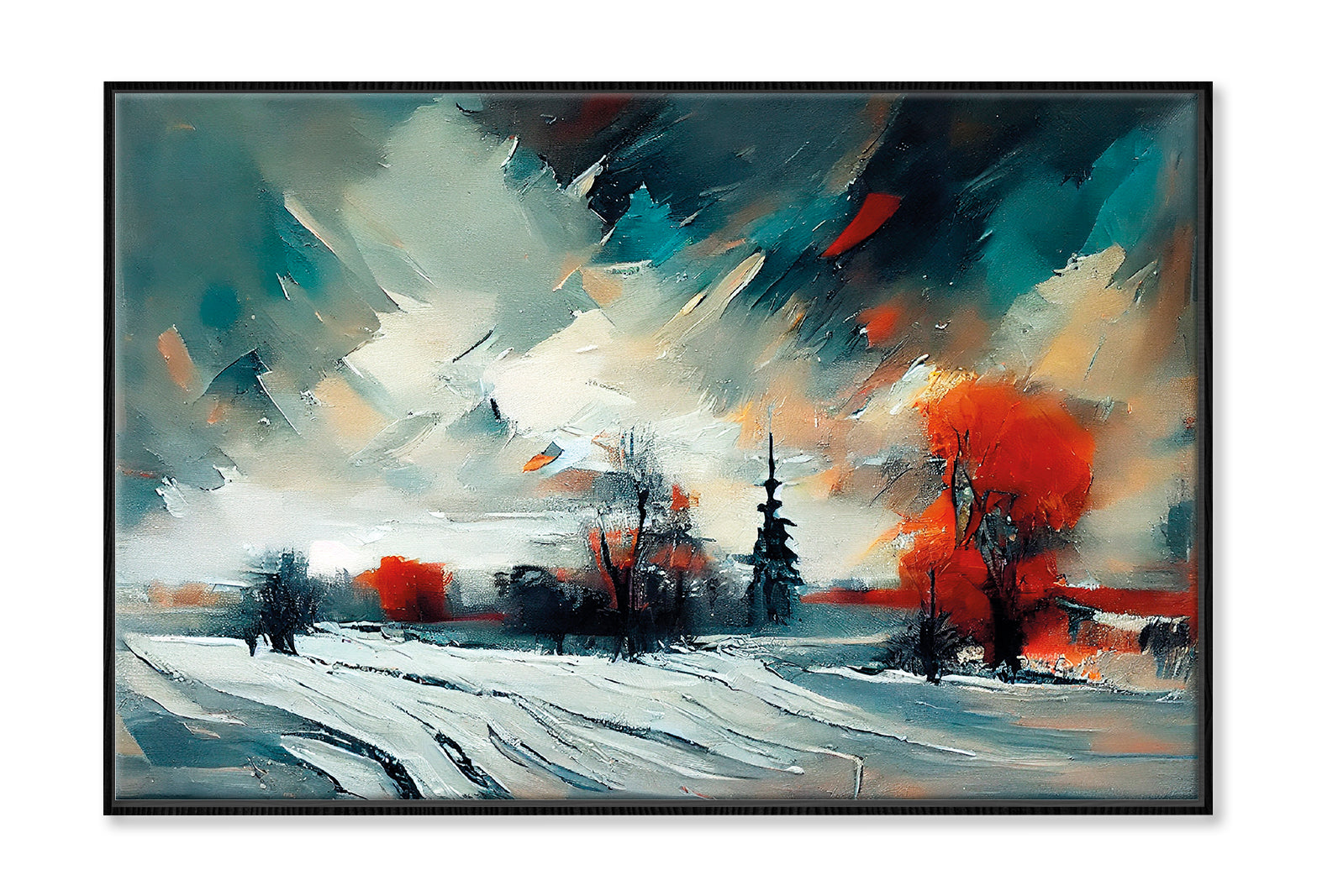 Abstract Forest, Snowy Trees & Field Oil Painting Wall Art Limited Edition High Quality Print Canvas Box Framed Black