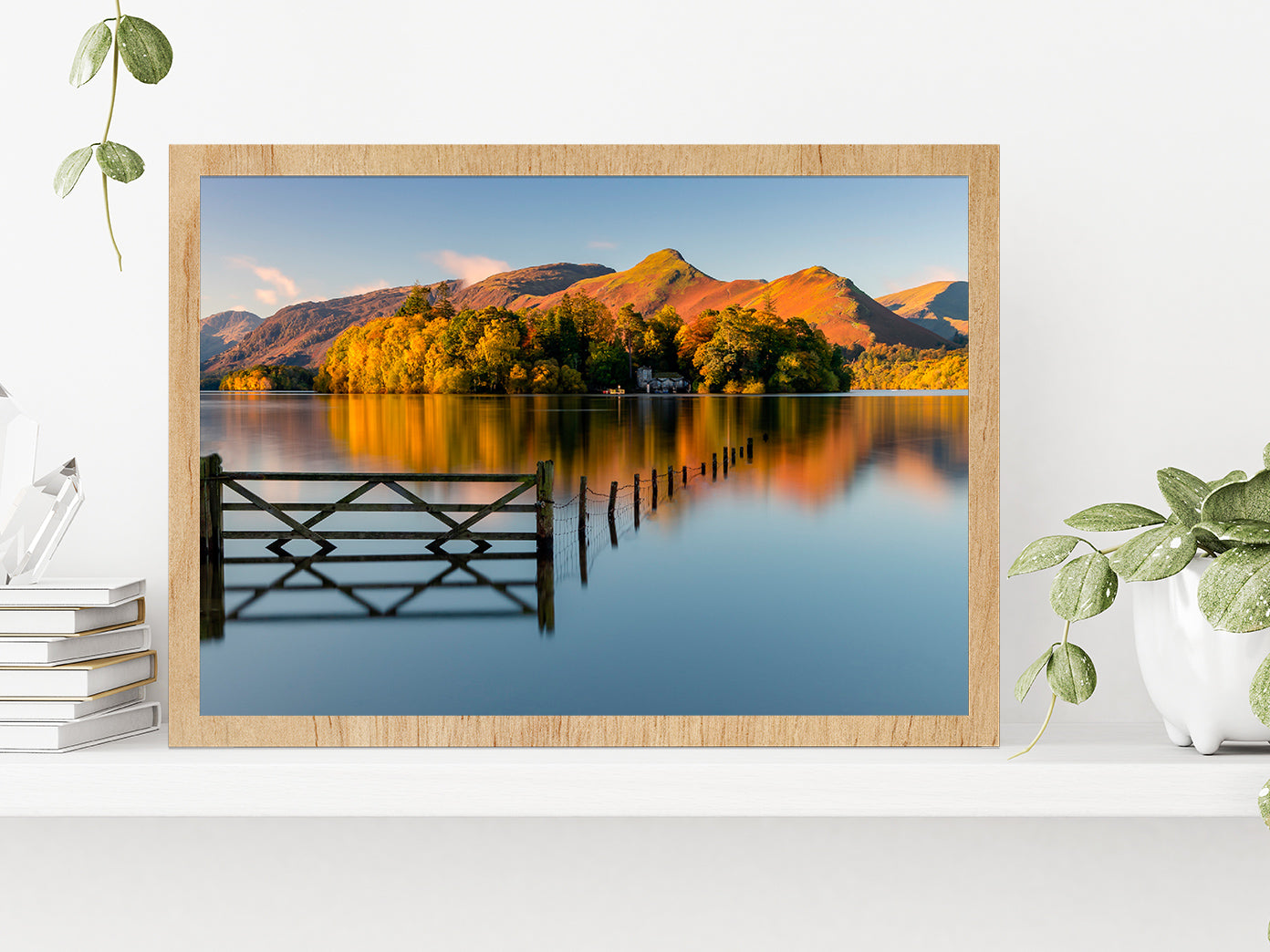 Sunrise Over Derwentwater Autumn Glass Framed Wall Art, Ready to Hang Quality Print Without White Border Oak