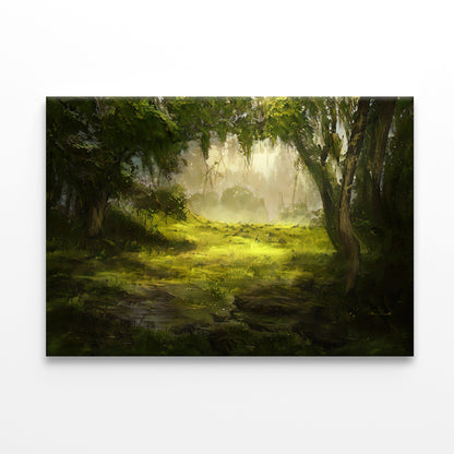 A Foggy Forest Scene with Trees and Grass Print 100% Australian Made