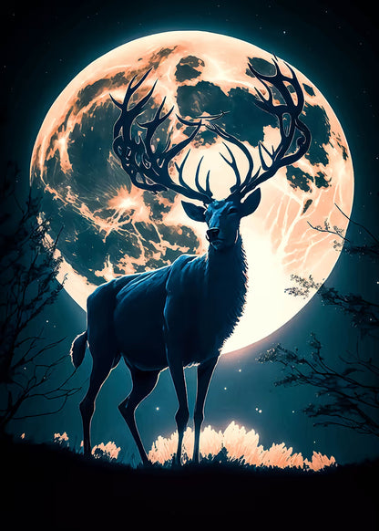 Majestic Stag Full Moon Night 40x60cm Metal Print Ready to Hang - Bella Home Decor