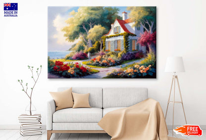 House near The Sea, Colorful Flowers and Trees, Summer Seascape Wall Art Limited Edition High Quality Print