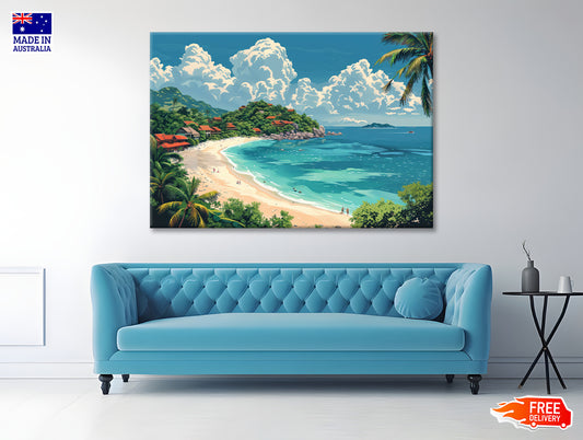 A Beach with a Body of Water with Palm Trees & a Sky Print 100% Australian Made