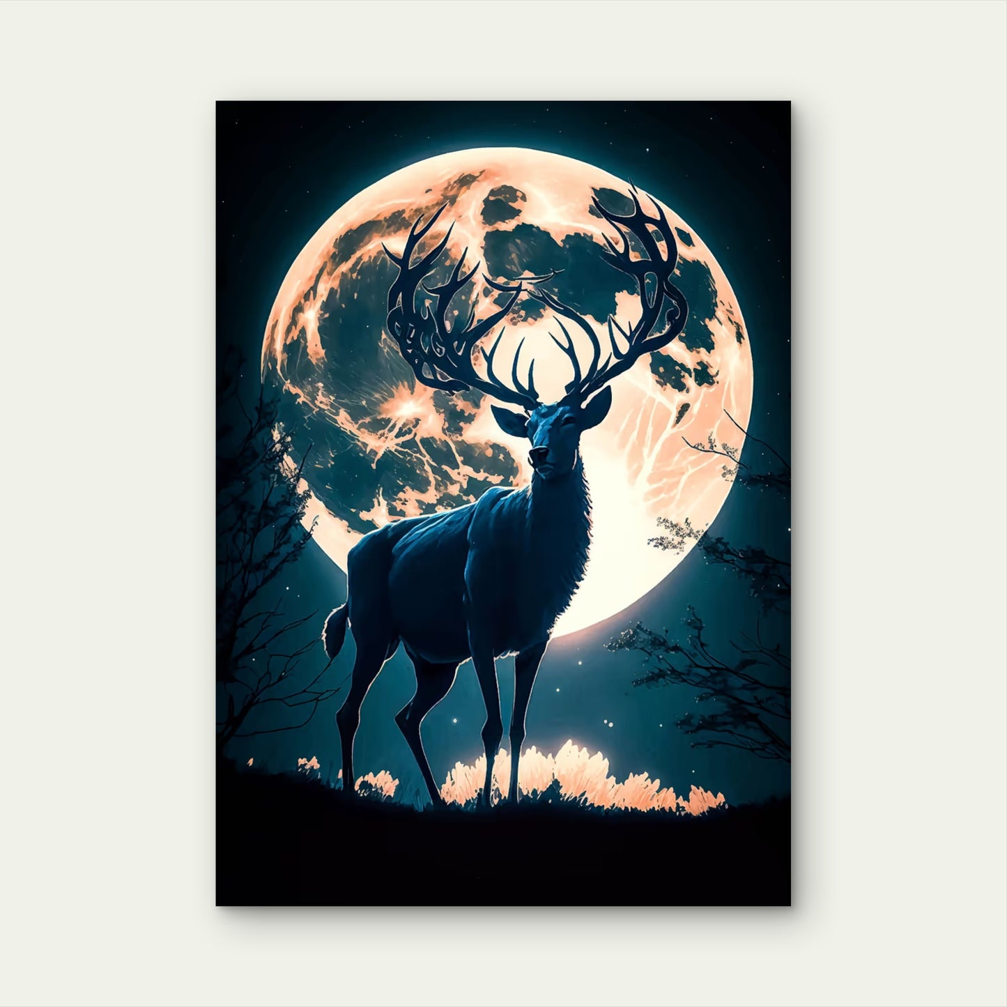 Majestic Stag Full Moon Night 40x60cm Metal Print Ready to Hang - Bella Home Decor