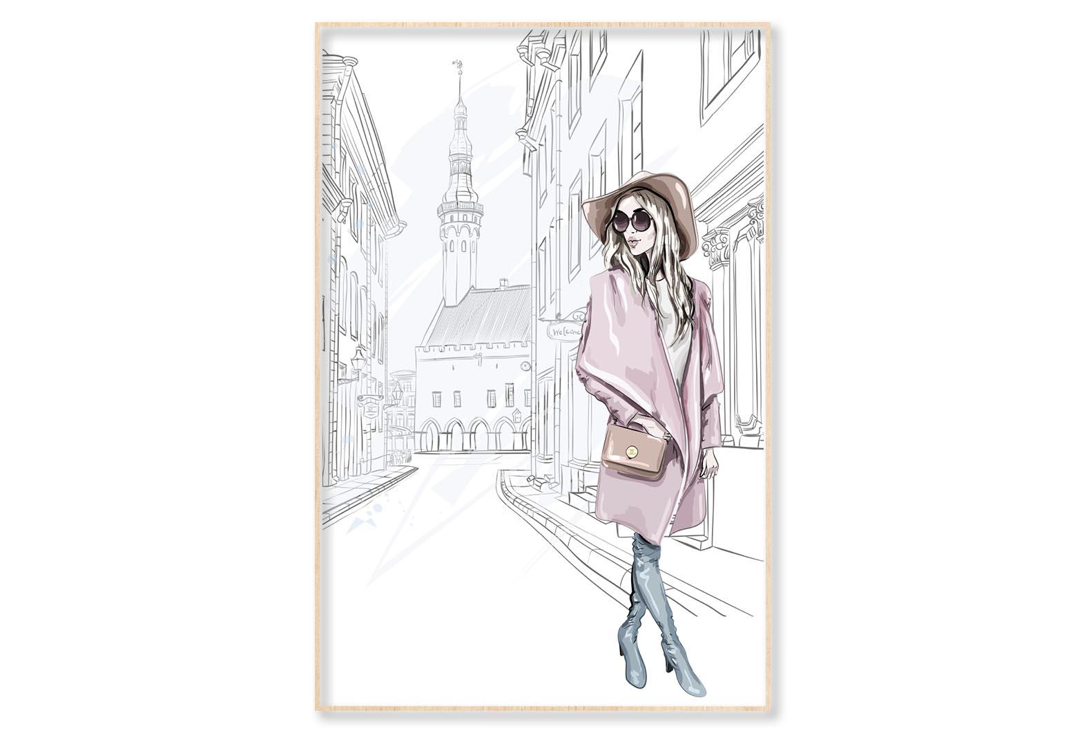 Pink Girl With Stylish Hat Wall Art Limited Edition High Quality Print Canvas Box Framed Natural