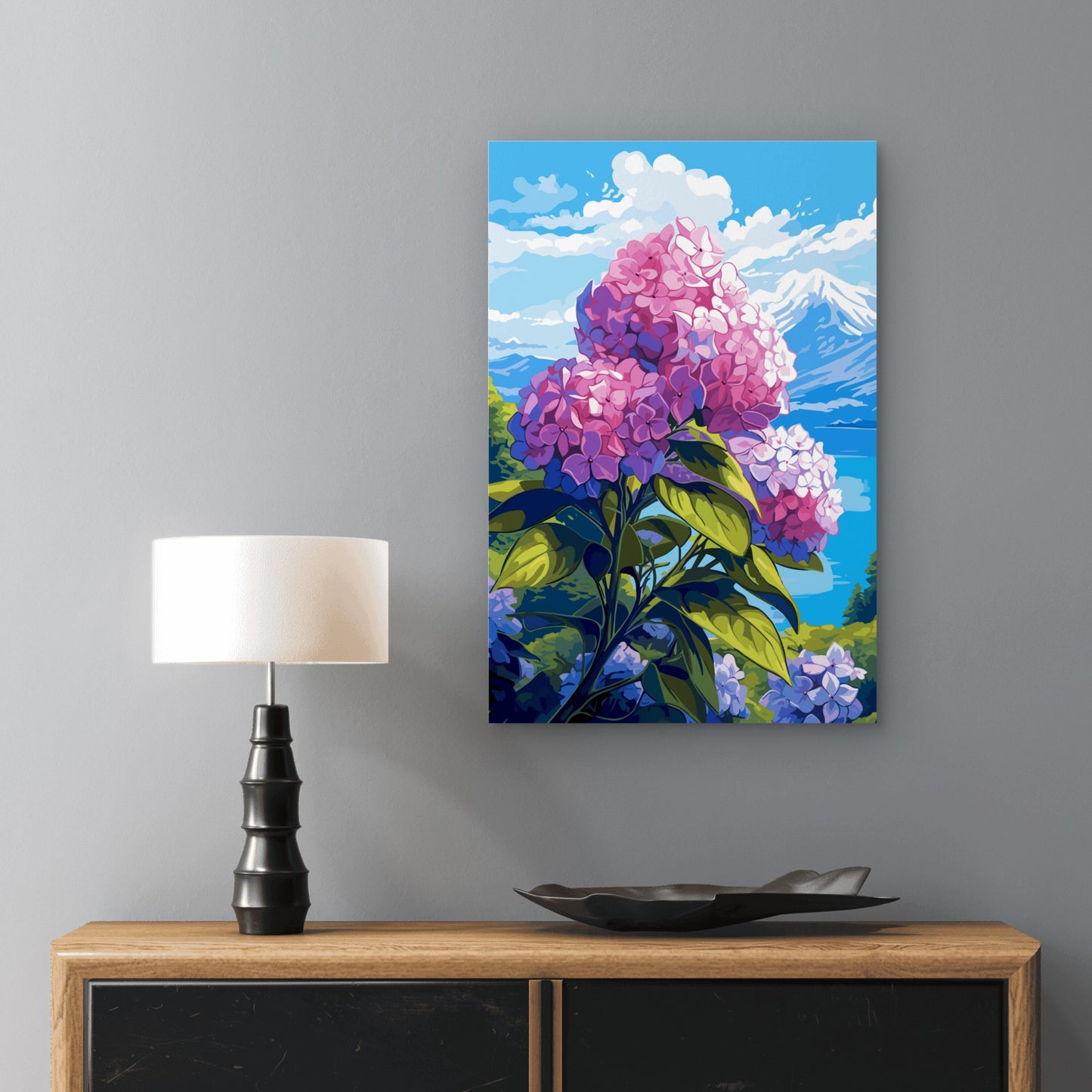 Pink Hydrangea Bloom Mountain View 40x60cm Metal Print Ready to Hang