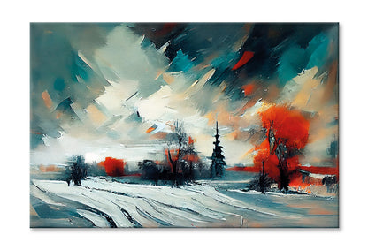 Abstract Forest, Snowy Trees & Field Oil Painting Wall Art Limited Edition High Quality Print Stretched Canvas None