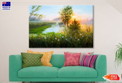 Misty Sunrise Over Lake Oil Painting Wall Art Limited Edition High Quality Print