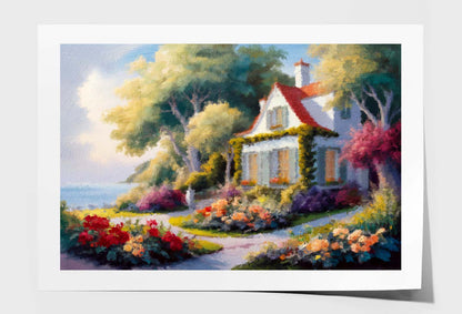 House near The Sea, Colorful Flowers and Trees, Summer Seascape Wall Art Limited Edition High Quality Print