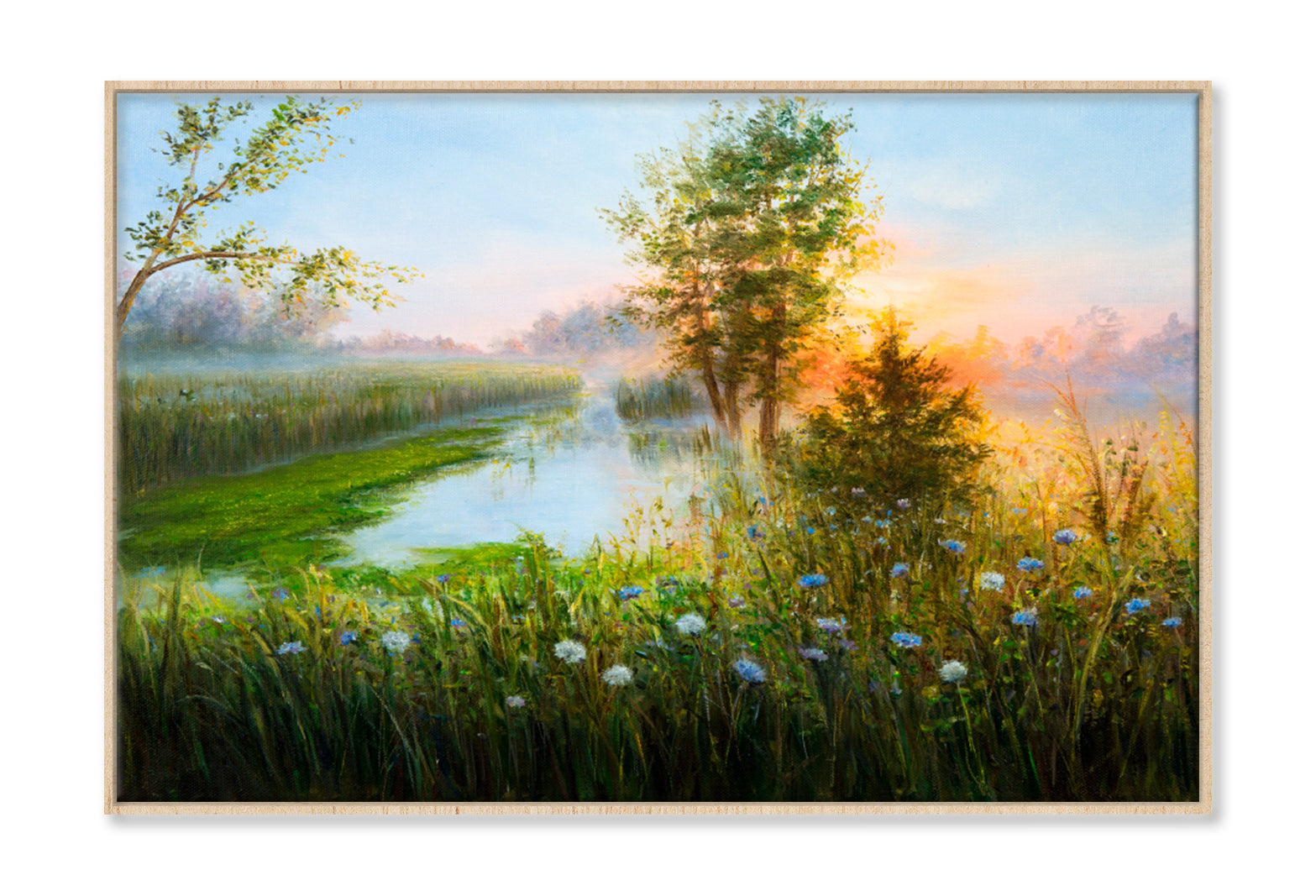 Misty Sunrise Over Lake Oil Painting Wall Art Limited Edition High Quality Print Canvas Box Framed Natural