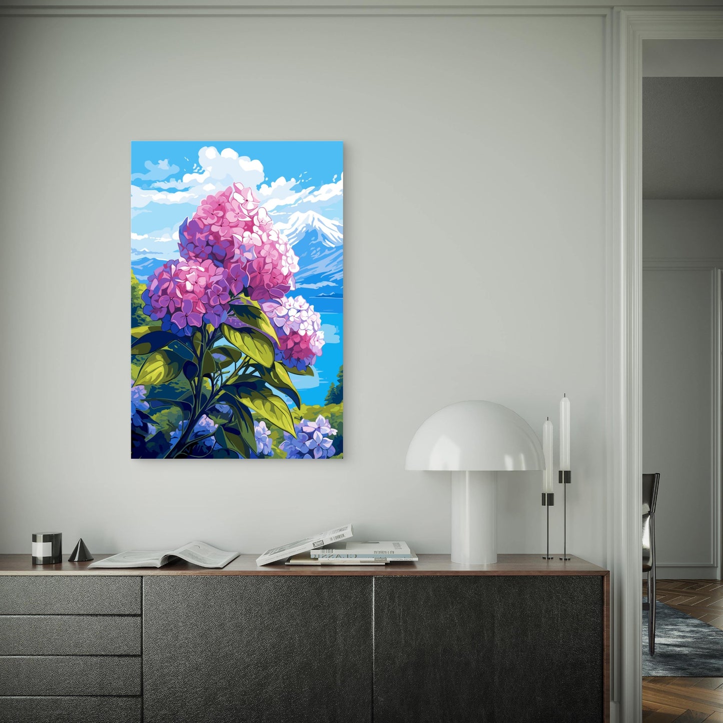 Pink Hydrangea Bloom Mountain View 40x60cm Metal Print Ready to Hang