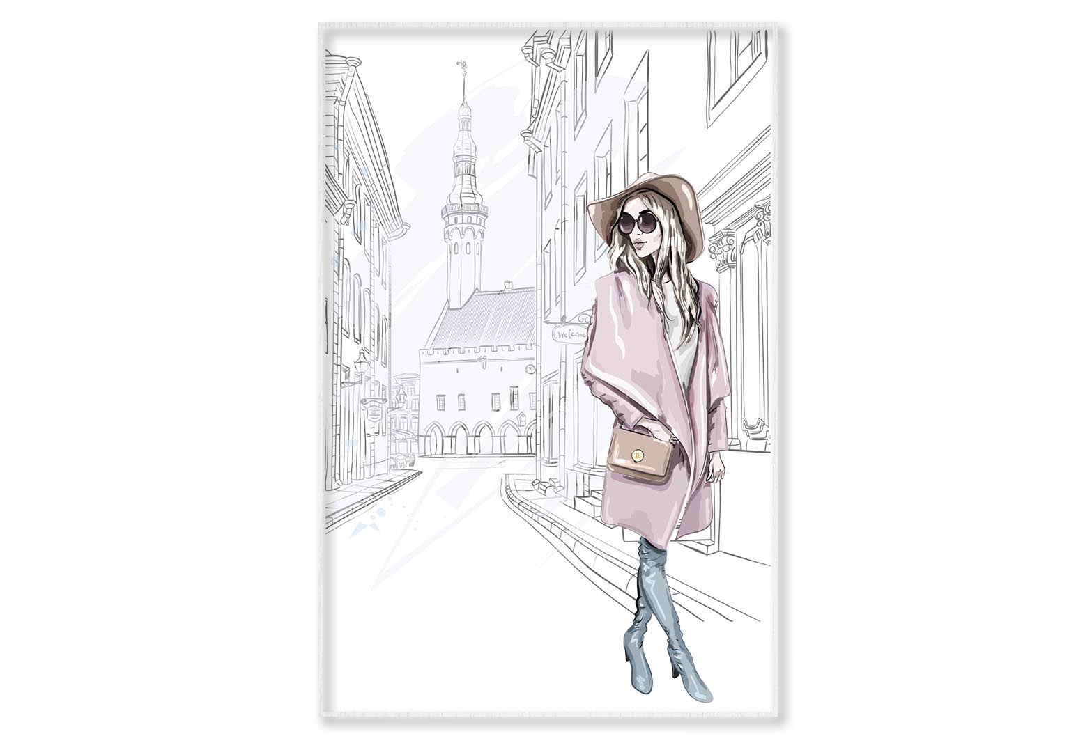 Pink Girl With Stylish Hat Wall Art Limited Edition High Quality Print Canvas Box Framed White