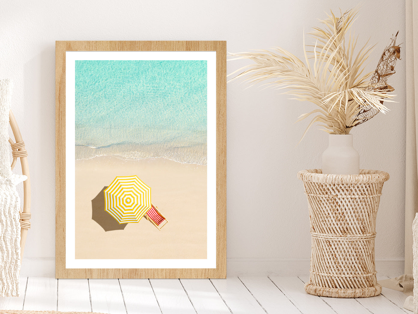 Sunbed & Yellow Umbrella near Sea Aerial View Glass Framed Wall Art, Ready to Hang Quality Print With White Border Oak