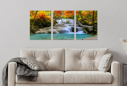 3pcs Waterfall Autumn Tree Forest Scenery Wall Art Set Canvas Unframed - High Quality Print 100% Australian Made Wall Canvas