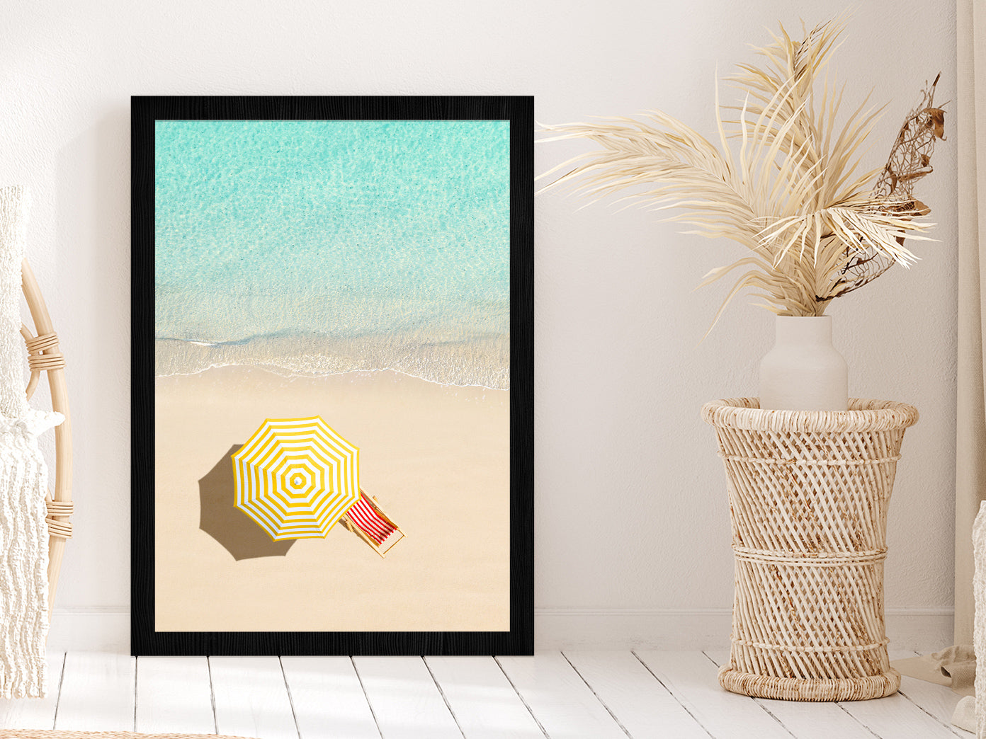 Sunbed & Yellow Umbrella near Sea Aerial View Glass Framed Wall Art, Ready to Hang Quality Print Without White Border Black