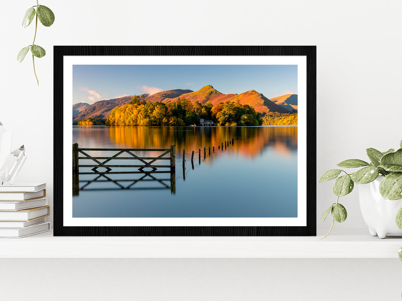 Sunrise Over Derwentwater Autumn Glass Framed Wall Art, Ready to Hang Quality Print With White Border Black