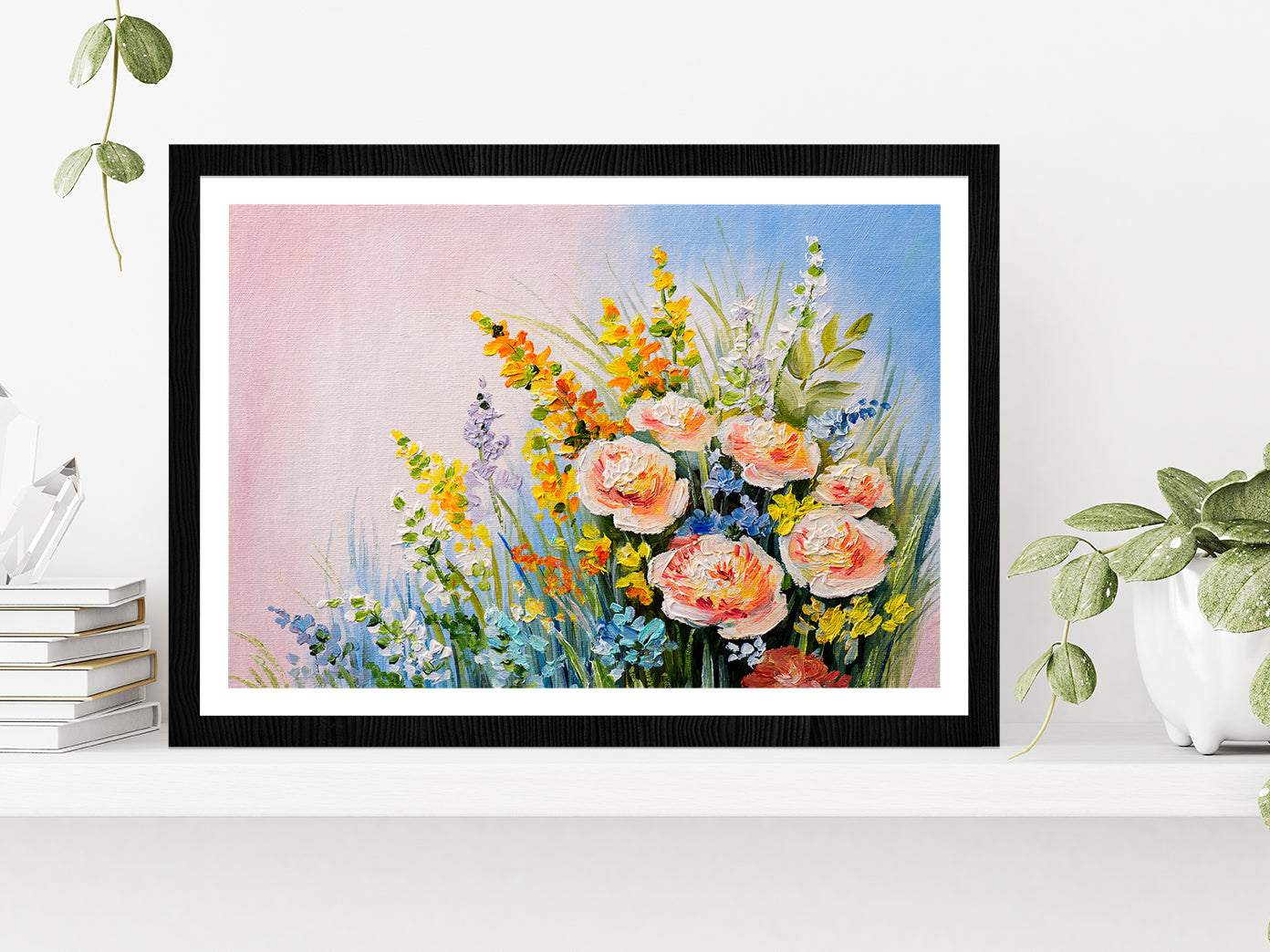 Bouquet Of Summer Flowers Glass Framed Wall Art, Ready to Hang Quality Print With White Border Black