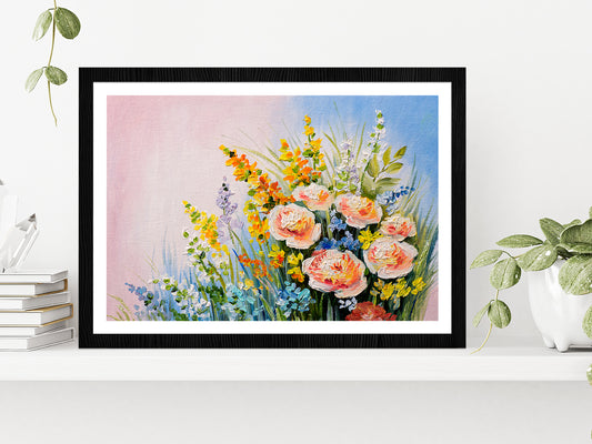 Bouquet Of Summer Flowers Glass Framed Wall Art, Ready to Hang Quality Print With White Border Black