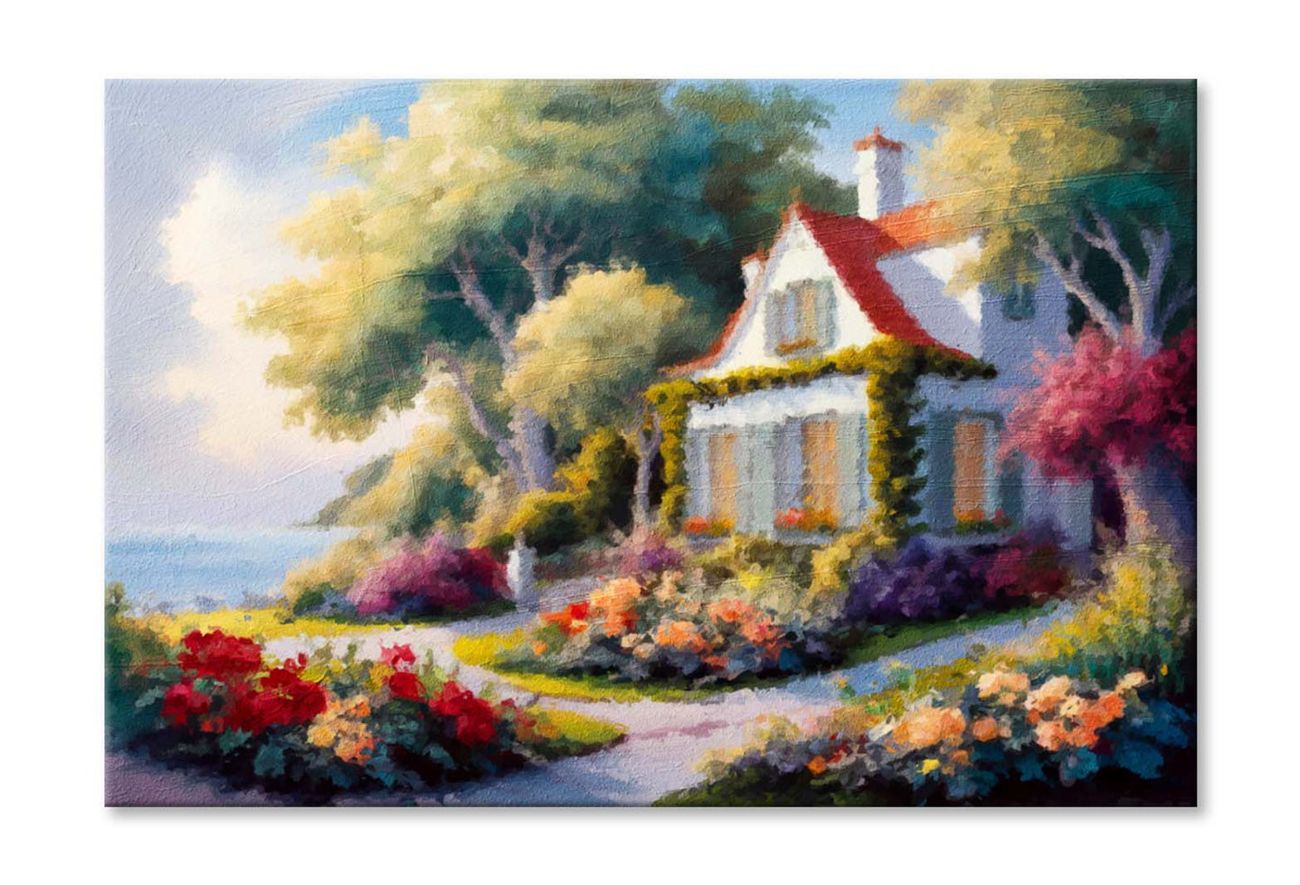 House near The Sea, Colorful Flowers and Trees, Summer Seascape Wall Art Limited Edition High Quality Print