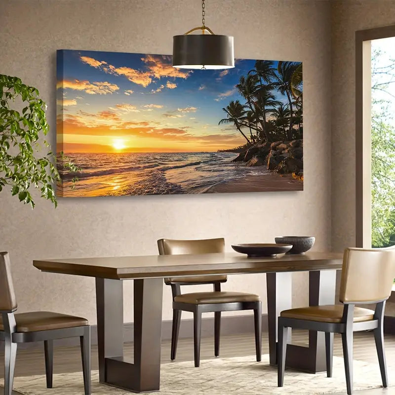 Tropical Sunset Beach Palm Trees Ocean Waves & Sandy Wall Art canvas office home room framed 120x60cm - Bella Home Decor