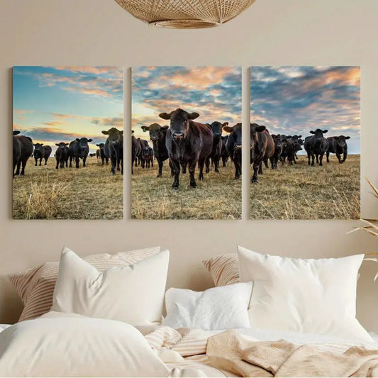 3pcs Black Angus Cows, Sunset Sky & Greenery Metal Print Ready to Hang Art