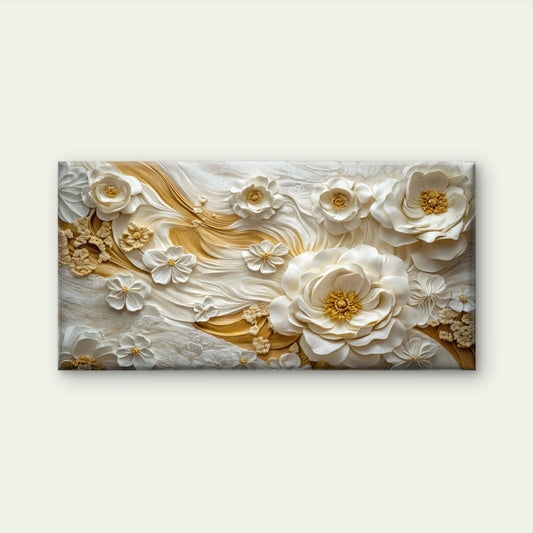 Creamy Golden Floral Cascade Wall Art Canvas Office Home Room Framed 120x60cm
