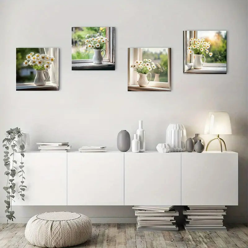 4pcs Rusti Daisies Wooden Windowsill Spring Wall Art Canvas Framed