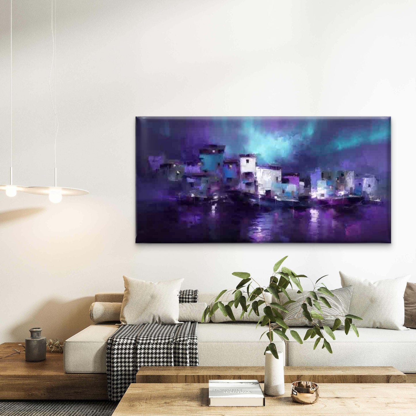 Purple Night City Waterfront Wall Art Canvas Office Home Room Framed 120x60cm