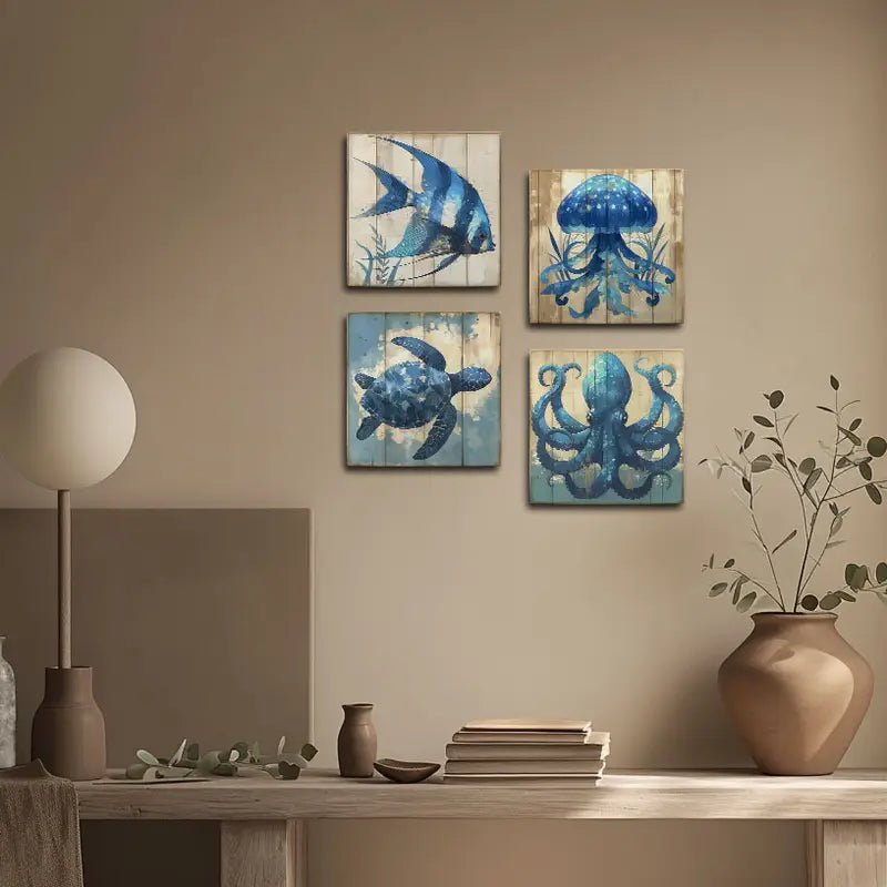 4pcs Blue Sea  Animals Wall Art Canvas Framed - Bella Home Decor