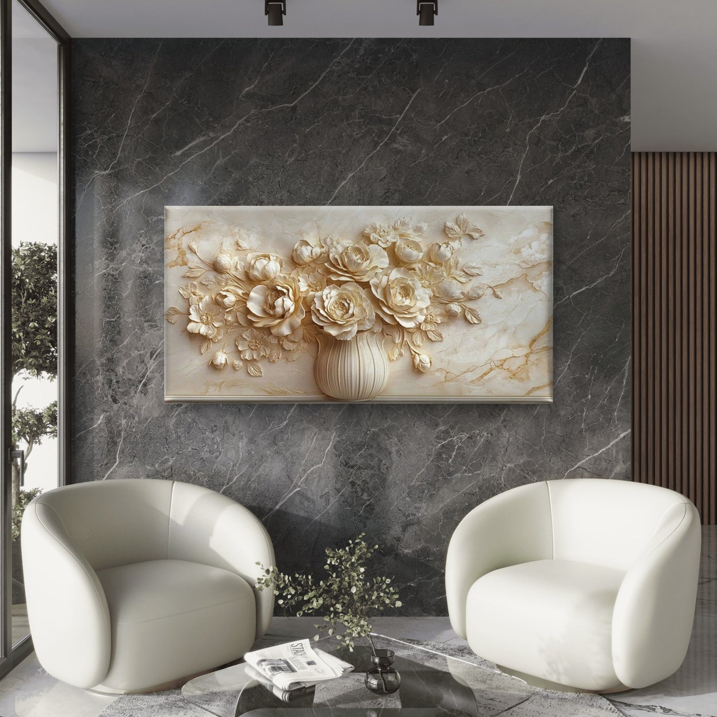 Elegant Marble Floral Vase Wall Art Canvas Office Home Room Framed 120x60cm