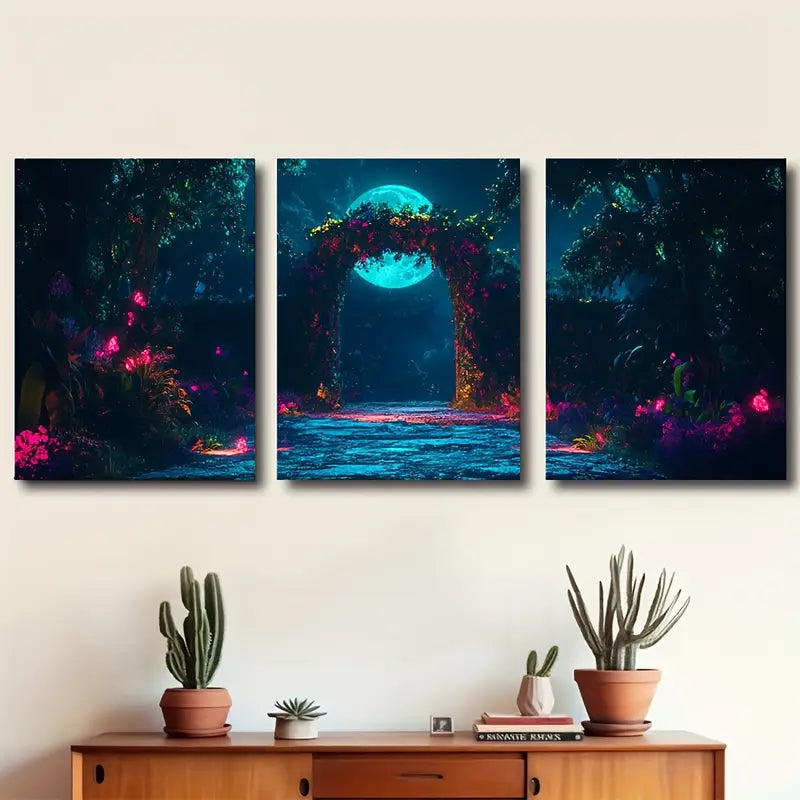 3pcs Moonlit Cedar Forest Wolves Scene Wall Art Set Canvas Framed 40x60cm - High Quality Print 100% Australian Made Wall Canvas Ready to Hang