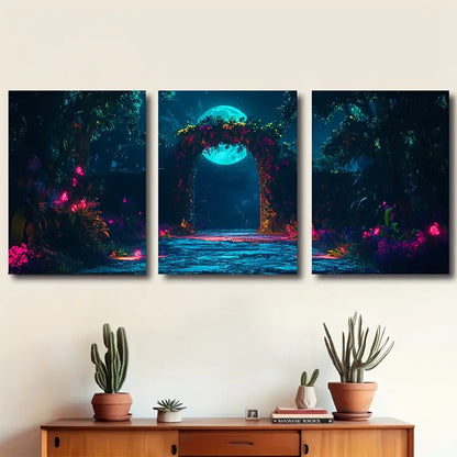 3pcs Moonlit Cedar Forest Wolves Scene Wall Art Set Canvas Framed 50x70cm - High Quality Print 100% Australian Made Wall Canvas Ready to Hang