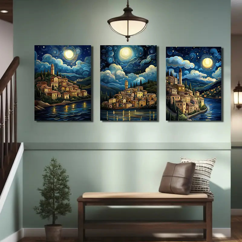 3pcs The Italian Town Of Sanellino Under Moonlight Metal Print Ready to Hang Art